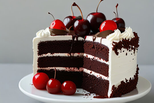 Isolated black forest cake on a white background. Perfect for stock images focused on dessert, bakery, 