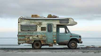 Wall Mural - Camper car on beach, camping on nature isolated on white background, professional photography, png
