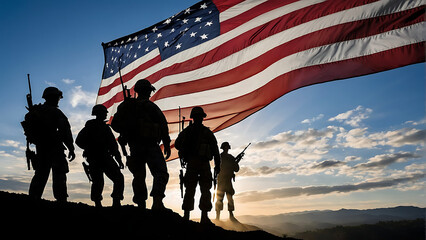 Army Soldiers Silhouetted With American Flag, patriotism, america, USA, 4th of july, memorial day