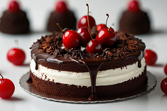 Isolated black forest cake on a white background. Perfect for stock images focused on dessert, bakery, 