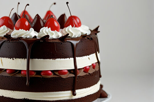 Isolated black forest cake on a white background. Perfect for stock images focused on dessert, bakery, 