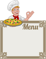 Wall Mural - Pizza Chef Cook Cartoon Man Menu Sign Background