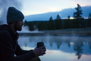 Sticker - A person in a beanie holding a cup of coffee, sitting by a serene lakeside at dusk, surrounded by trees and mist.