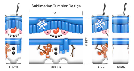 Funny Christmas Snowman. 3D inflated bubble sublimation design for 20 oz skinny tumbler. Sublimation illustration. Seamless from edge to edge. Full tumbler wrap.
