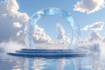 Wall Mural - A large, circular fountain is surrounded by water and clouds. The sky is blue and cloudy, creating a serene and peaceful atmosphere