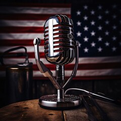 Vintage microphone on the background of the American flag. Studio photography.