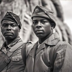 Wall Mural - African american soldiers in a military uniform. Black and white.