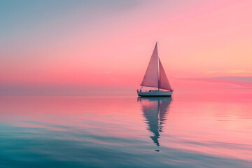 Wall Mural - A stunning photo of a sailboat on calm waters at sunset, on a solid pink background with ample copy space