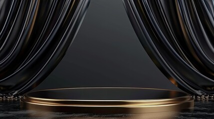 Wall Mural - A black and gold curtain backdrop with a gold pedestal in the center