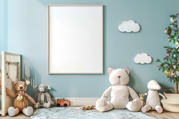 Wall Mural - Cozy Nursery Room Interior with Blank Frame and Plush Toys