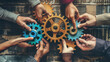 © aekkorn - Gear cog business wheel team teamwork hand concept people office together unity group. Work gear business worker cog power industry meeting solution cooperation man company technology innovation view.