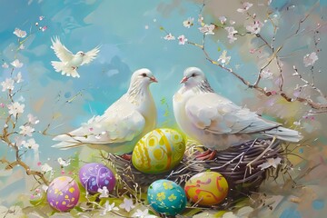 Easter art with crosses, doves. Happy easter. Easter concept