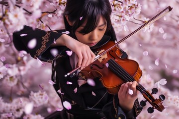 Canvas Print - Young woman in traditional attire playing the violin amidst blooming cherry blossoms with petals falling gently around her.