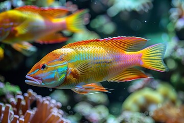 Wrasse fish cleaning parasites off larger marine creatures, showcasing symbiosis. 