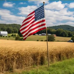 Wall Mural - American flag waving in the wind on wheat field with farm in background
