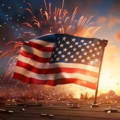 Wall Mural - United states of America flag waving in the wind with fireworks in the background