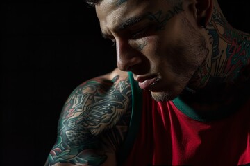A man wearing a red shirt displaying tattoos on his arm