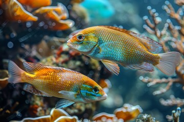 Sticker - Wrasse fish cleaning parasites off larger marine creatures, showcasing symbiosis. 