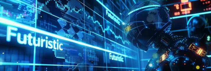 Leinwandbilder - Trading robots or automated software for the financial stock market, mixed digital 3D illustration and matte painting.