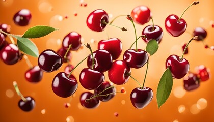 Fresh cherries flying on pale orange background
