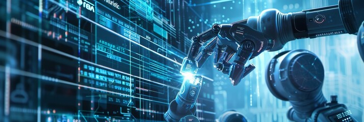 Fototapete - Using IOT to control robot arm operations in smart industry automation manufacturing, with mixed digital and matte painting in 3D