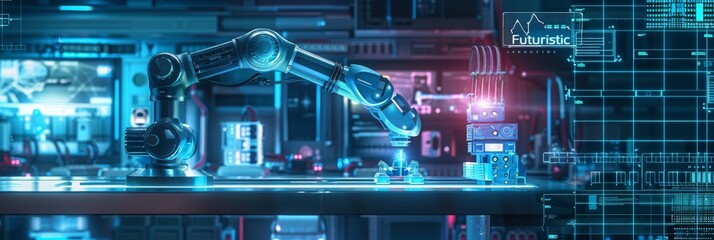 Poster - Automated robot arm systems for factories. Created digitally and not based on actual scenes or references.