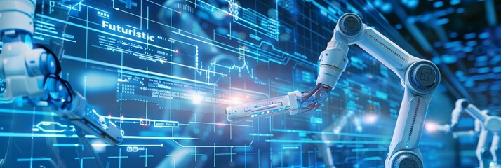 Poster - Robotic arms software for factories using IOT. Digitally generated 3D rendering and not based on any actual scene or reference.