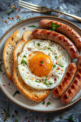 Wall Mural - Egg in a plate with toast bread and sausage