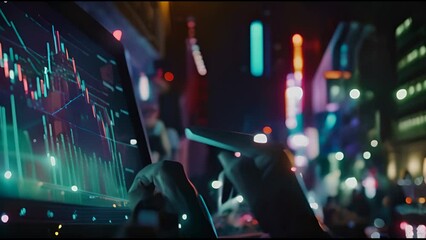 Poster - The team is facing tablet or computer screen and discussing trading and reading data analysis. At night, a professional broker will point out IPO charts and profit growth.