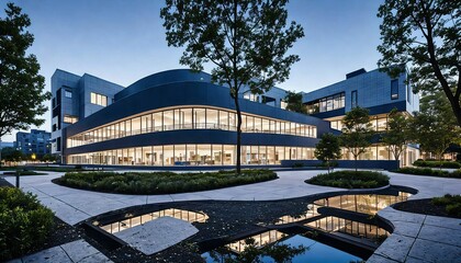 Sticker - Blue and grey building surrounded by trees during dusk, AI-generated.