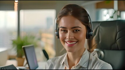 Poster - In the office, a woman consultant talks with a headset, technical support and a male customer service agent.