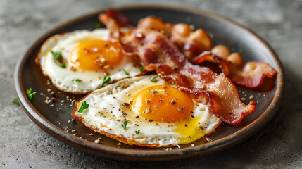 Wall Mural - Egg in a plate with toast bread and bacon on table