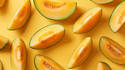 Wall Mural - Top down view slices of melon on the yellow table summer concept