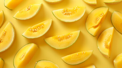 Wall Mural - Top down view slices of melon on the yellow table summer concept