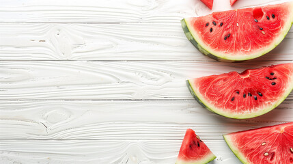 Wall Mural - Top down view slices of watermelon on the white table summer concept