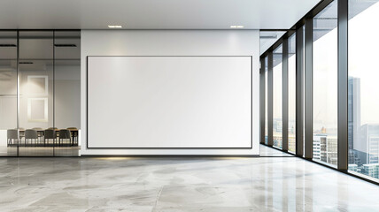 Wall Mural - A large white wall in an office space with a minimalist design, mockup for artwork or advertising banners