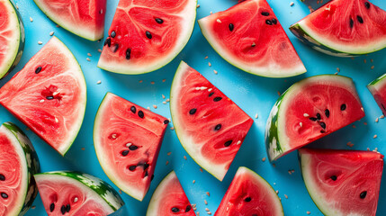 Wall Mural - Top down view slices of watermelon on the blue table summer concept