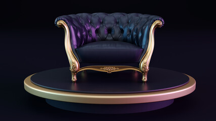 Wall Mural - black fauteuil armchair isolated on dark background, Black leather armchair on a black and gold display stage