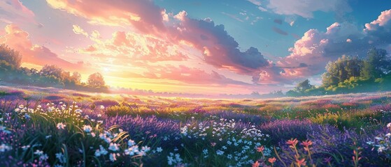 Poster - A dreamy panoramic view of a meadow