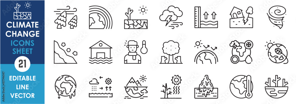 A set of line icons related to climate change. Global warming, drought ...