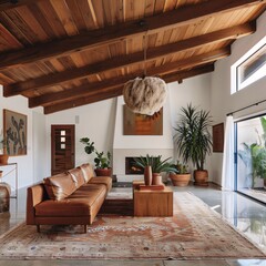 Wall Mural - Interior of living room with wooden ceiling and brown sofa. Nobody inside