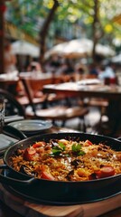 Wall Mural - Traditional Spanish paella in a cast iron pan. Selective focus.