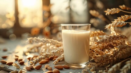 Glass of tasty milk and ears of wheat on wooden table, closeup