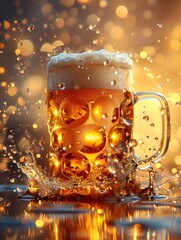 Wall Mural - A beer mug on the wooden table. The beer is pale golden in color and have thick white foam on top. There was a little beer splashed on top. If you try a sip of cold beer, it will be very refreshing.