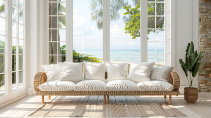 Wall Mural - Rattan sofa in the living room with a sea view background