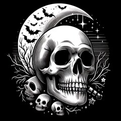Wall Mural - A skull with a moon and bats realistic harmony attractive lively.