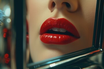 Poster - Close-up of lips painted with red lipstick, reflected in the mirror