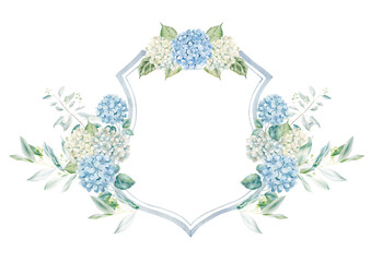 watercolor floral crest with hydrangea.