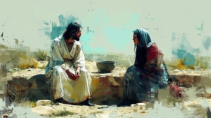  A minimalist illustration of Jesus with the Samaritan woman at the well of Jacob, showcasing simple and clean lines to create a serene atmosphere, with a focus on the interaction 