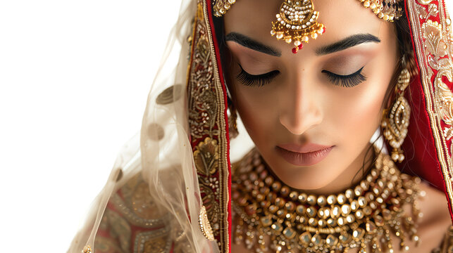 Beautiful indian punjabi bride close-up, makeup, jewellery on Transparent background